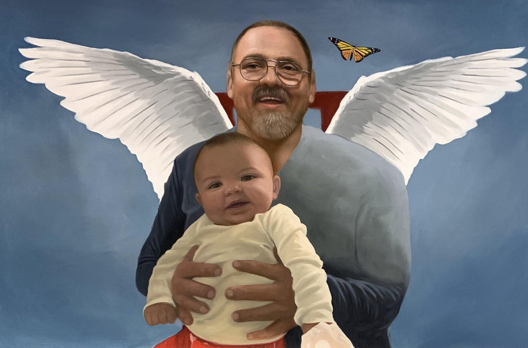 acrylic memorial portrait grandfather angel wings with baby