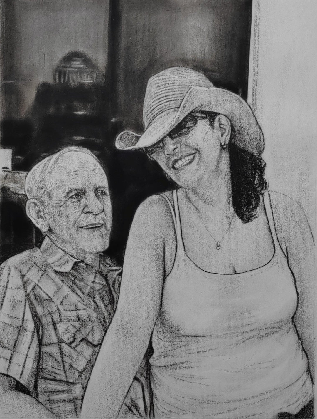 charcoal memorial portrait father and daughter