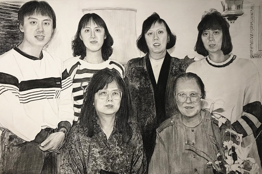charcoal family portrait six family members